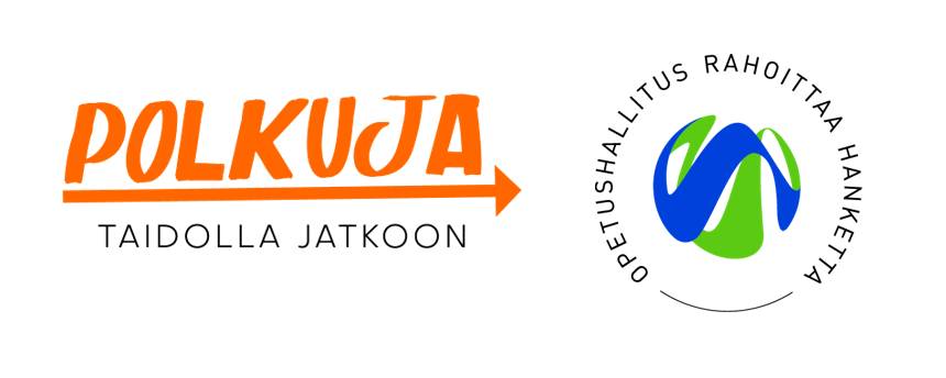 Logo, jossa yhdistettynä Polkuja-hankkeen logo ja Opetushallitus rahoittaa hanketta -logo